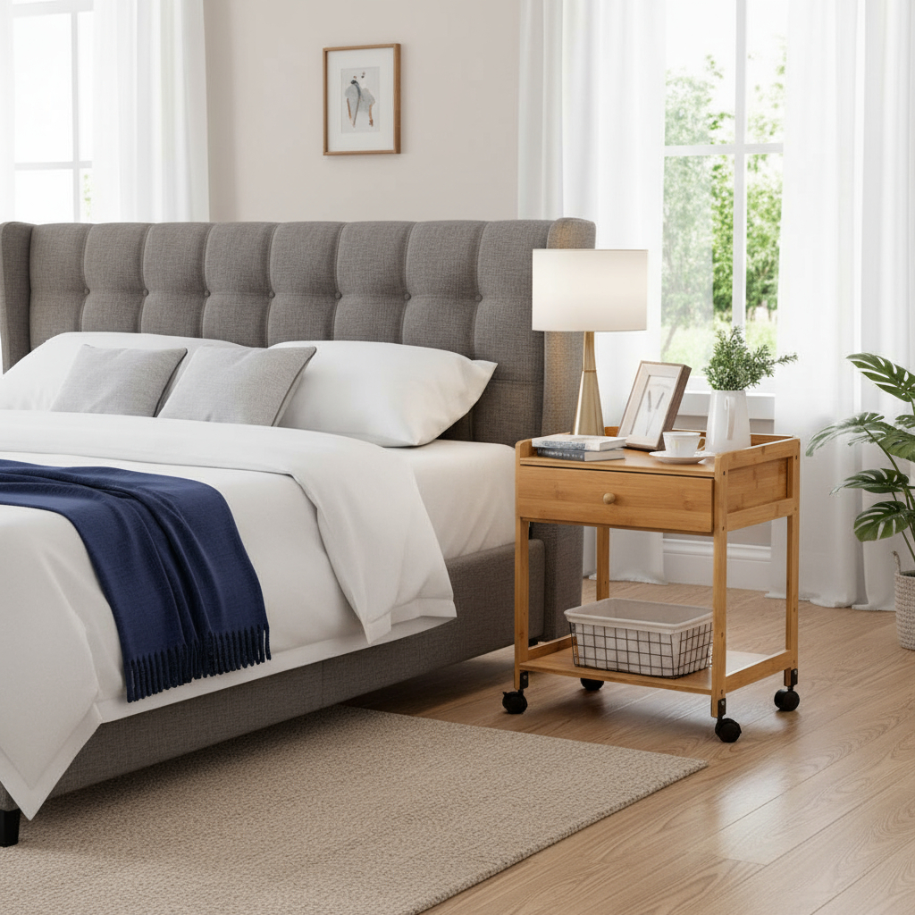 D_603687-MLU93271390068_092025-F.jpg Mesa De Luz Estante Con Ruedas Y Cajón En Madera - Imagen 1