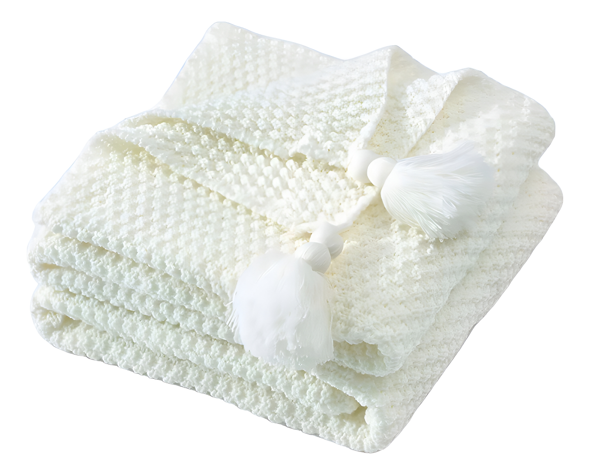 D_609343-MLA95568332709_102025-F.jpg Manta De Lana Con Borlas Throw Blanket Sofa 110x150cm Color Blanco Diseño Liso - Imagen 1
