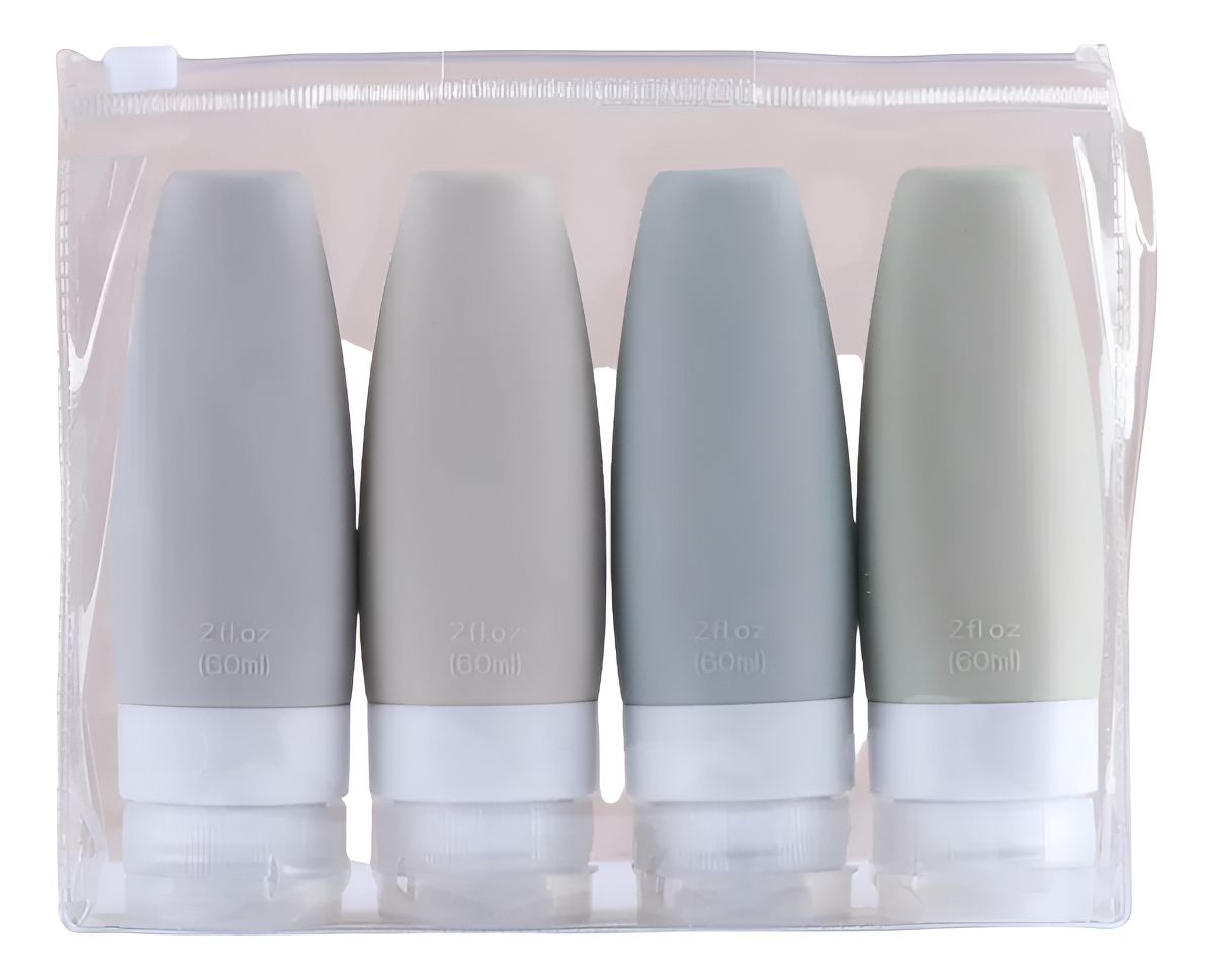 D_755429-MLU91451166595_092025-F.jpg Pack X4 Botella Para Cosmeticos Viaje Avion 60ml + Bolsa - Imagen 1