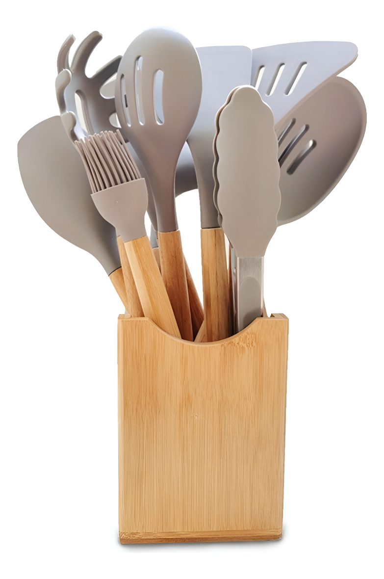 D_813500-MLU93965852687_102025-F.jpg Juego 9 Piezas Utensilios Silicona + Soporte Madera Cocina - Imagen 1