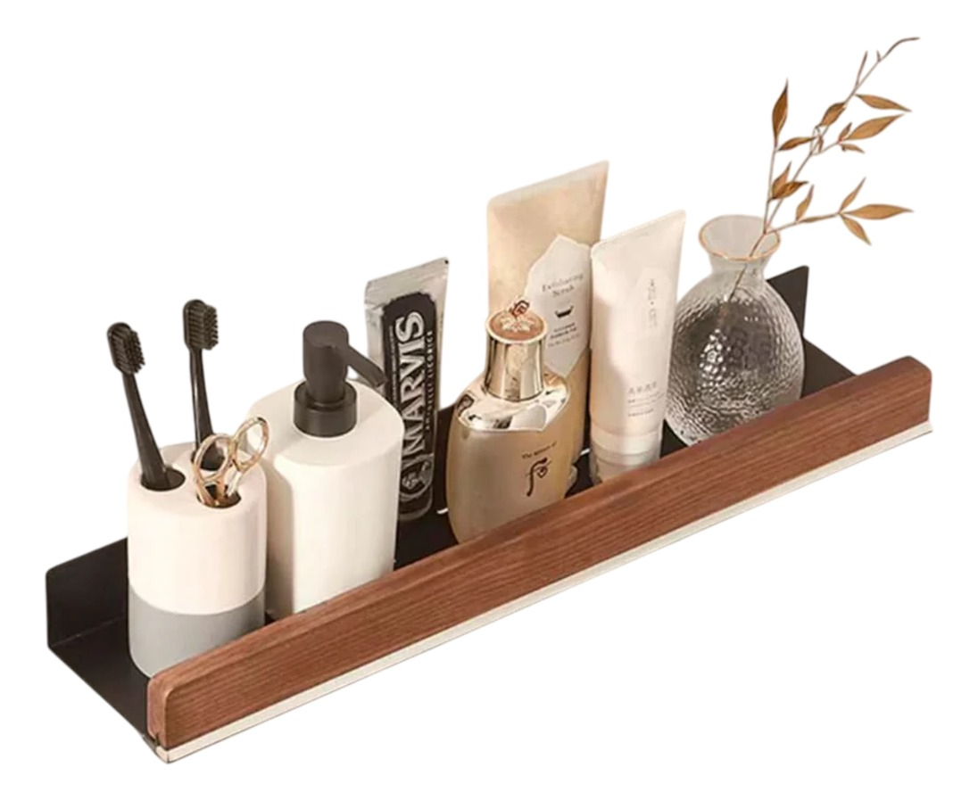 D_838434-MLA85734766616_062025-F.jpg Estante De Almacenamiento Para Baño De Pared Con Madera Color Negro - Imagen 1