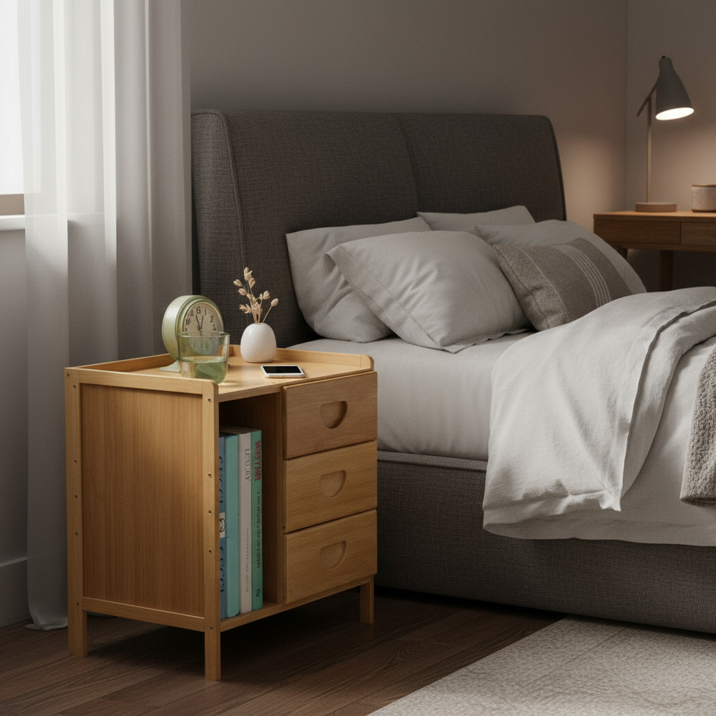 D_839534-MLU93284080914_092025-F.jpg Mesa De Luz Dormitorio Con Tres Cajones Espacio Para Libros - Imagen 1