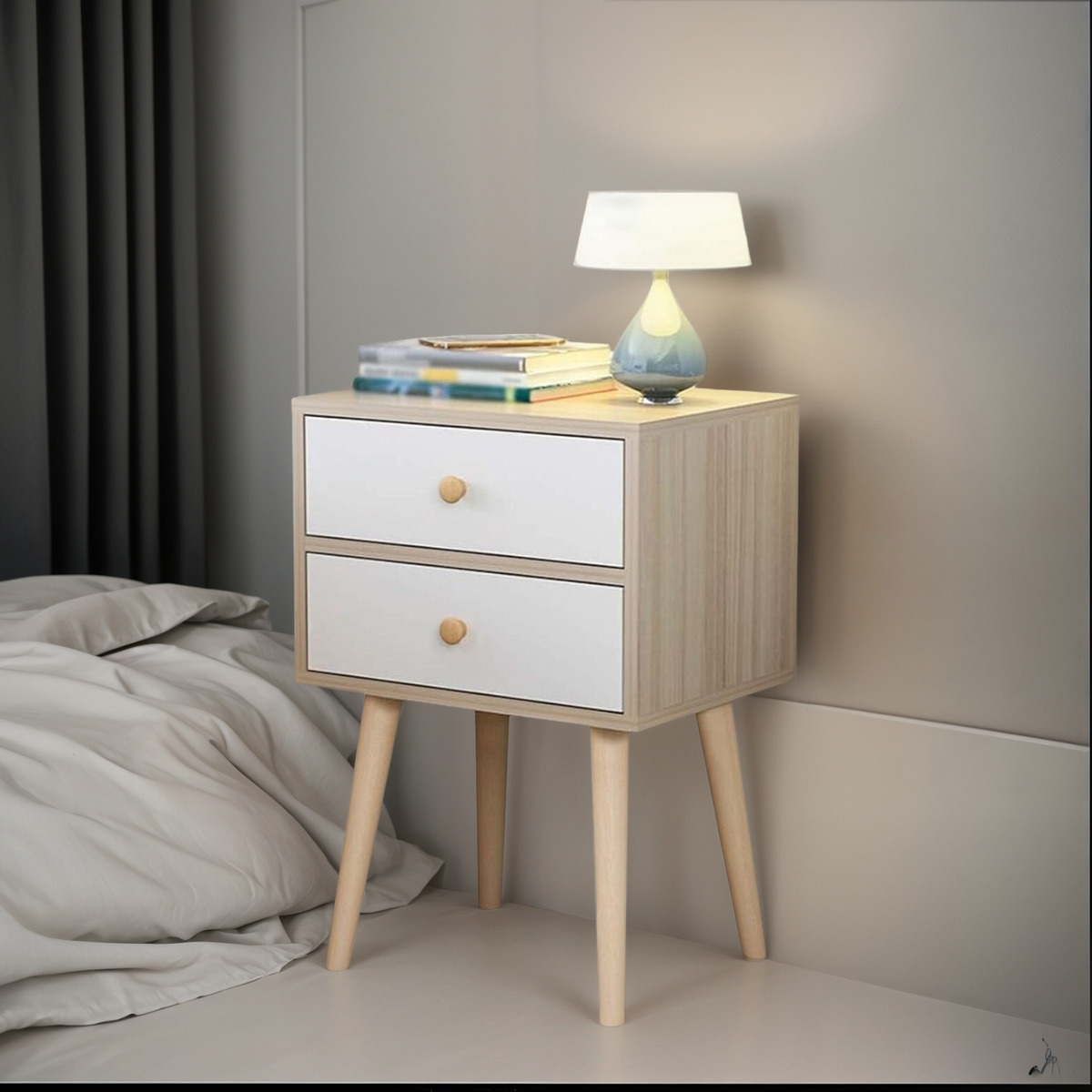 D_866770-MLU84392350257_052025-F.jpg Mueble Mesa De Luz Alta 2 Cajones Patas Madera Dormitorio - Imagen 1