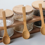 Set X3 Frascos De Vidrio Tapa Bambú Cocina Con Cuchara - Imagen 5