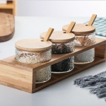 Set X3 Frascos De Vidrio Tapa Bambú Cocina Con Cuchara - Imagen 3